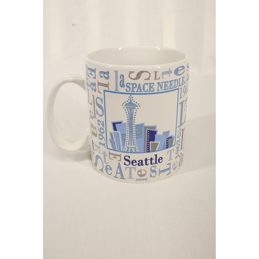 Space Needle Seattle Coffee Mug 2012 Souvenir Blue White Ceramic Glitter Retro